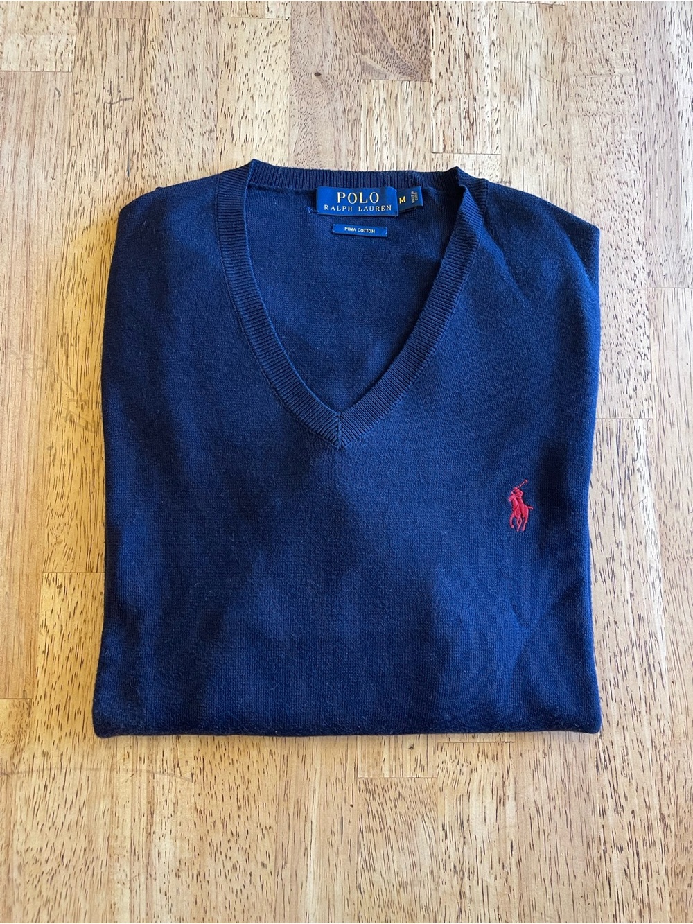 Polo by Ralph Lauren Men's Navy V-Neck Sweater with Red Logo